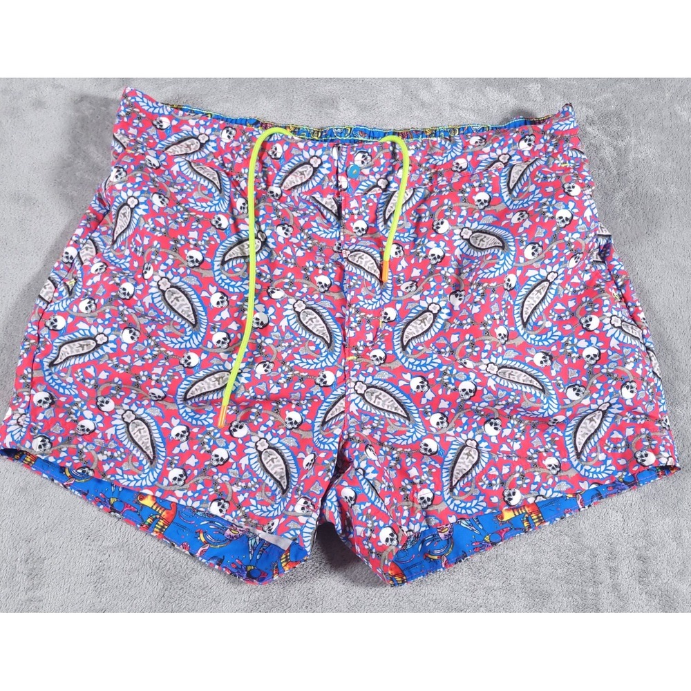 Robert Graham Swim Trunks Men 36 Red Paisley Skull‎ Classic Fit Lined Shorts 4"